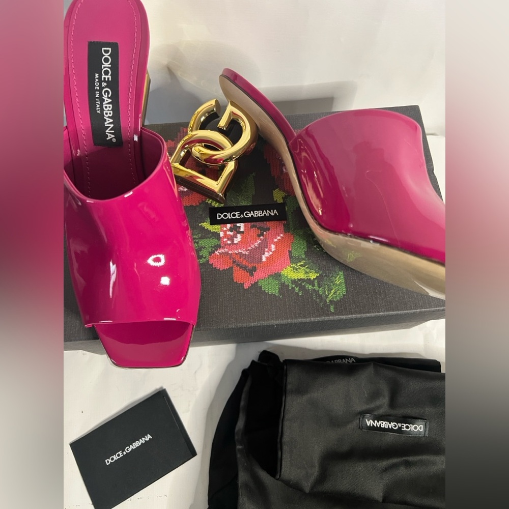 Dolce & Gabbana Fuchsia CIABATTA TACCO with Gold Interlocking Heels SZ 41EU/11US - Picture 6 of 15